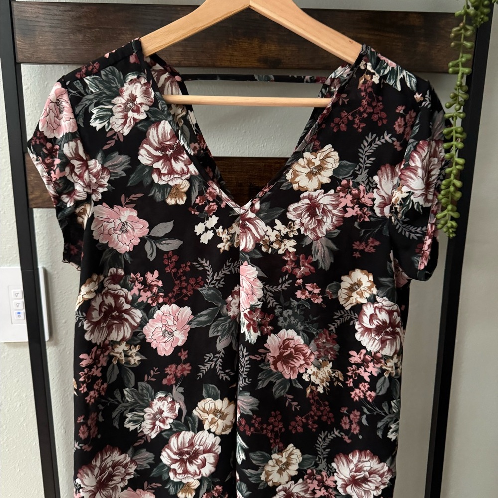 Halogen Floral V-Neck Blouse - Black, Pink, Cream